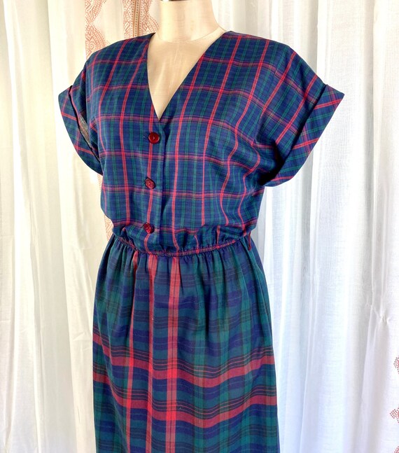 Vintage 80 Does 50s Dress, Preppy Navy and Red Pl… - image 2