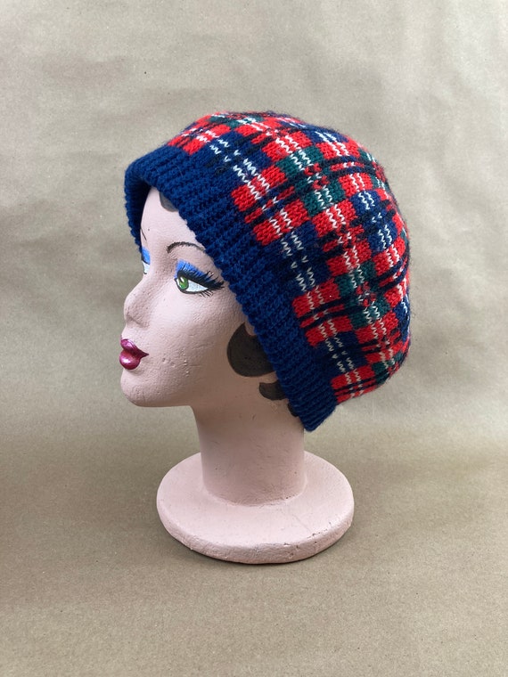 Vintage Wool Beret, Tam, 70s Pendleton Red and Bl… - image 6