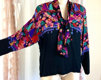 Vintage 90s Shirt with Colorful Black and Brights Abstract Graphic Print, Sailor Neckline  /FREE SHiPPING/ by Carole Little