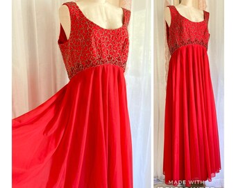 Vintage 60s Red Formal Dress, Beaded and Sequined with Full Chiffon Maxi Skirt, Long Dress, Prom Dress, Bridesmaid //FREE SHiPPING// Size XL