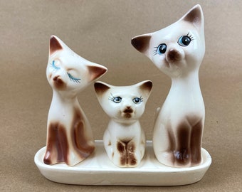Vintage Cat Salt and Pepper Shakers with Toothpick Holder, MCM MidCentury Siamese Cats and Kitten Set with Stand, 50s, 60s Kitchen Decor