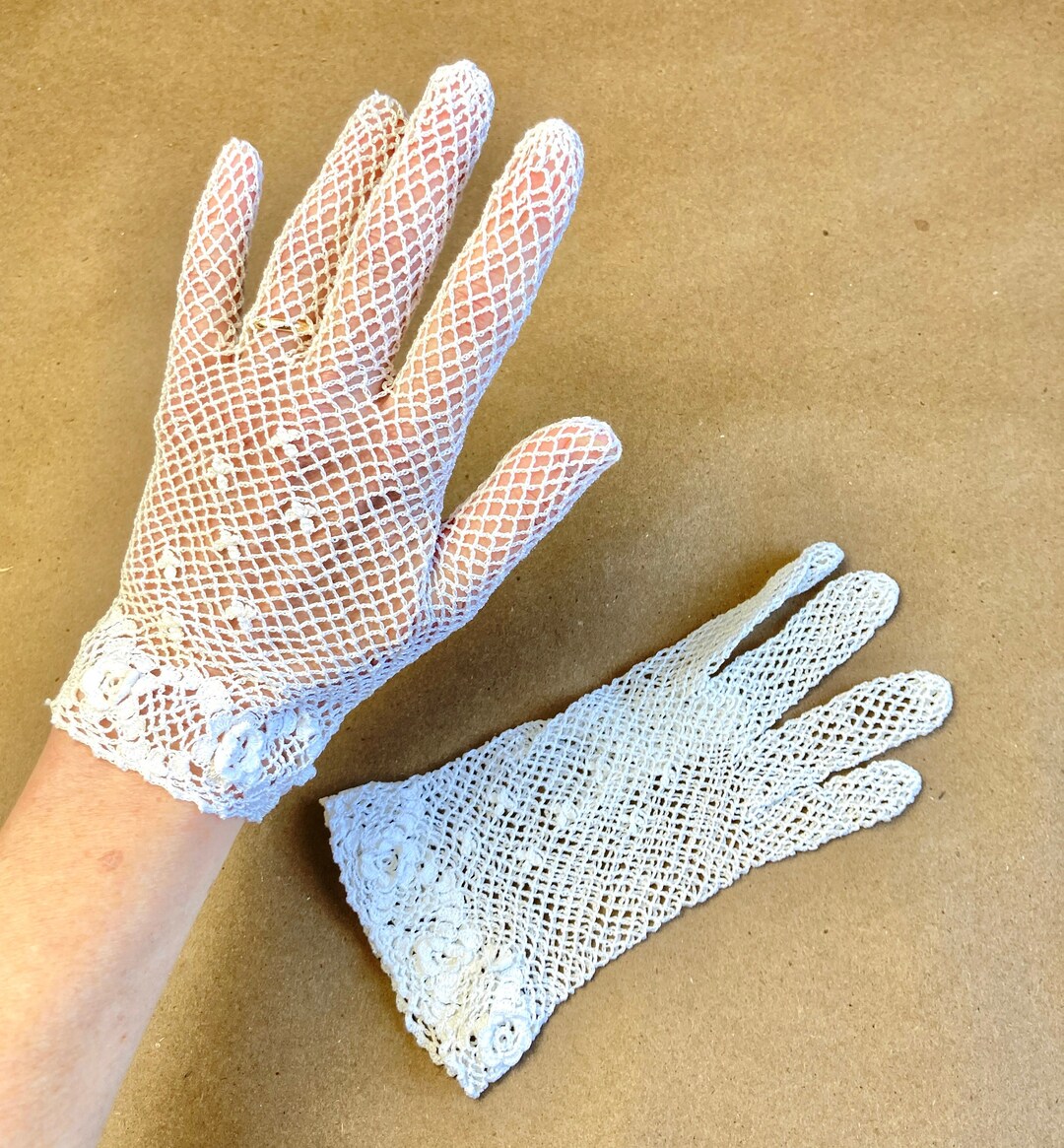 Vintage White Crochet Gloves, Vintage Lacey Crocheted Dress Gloves