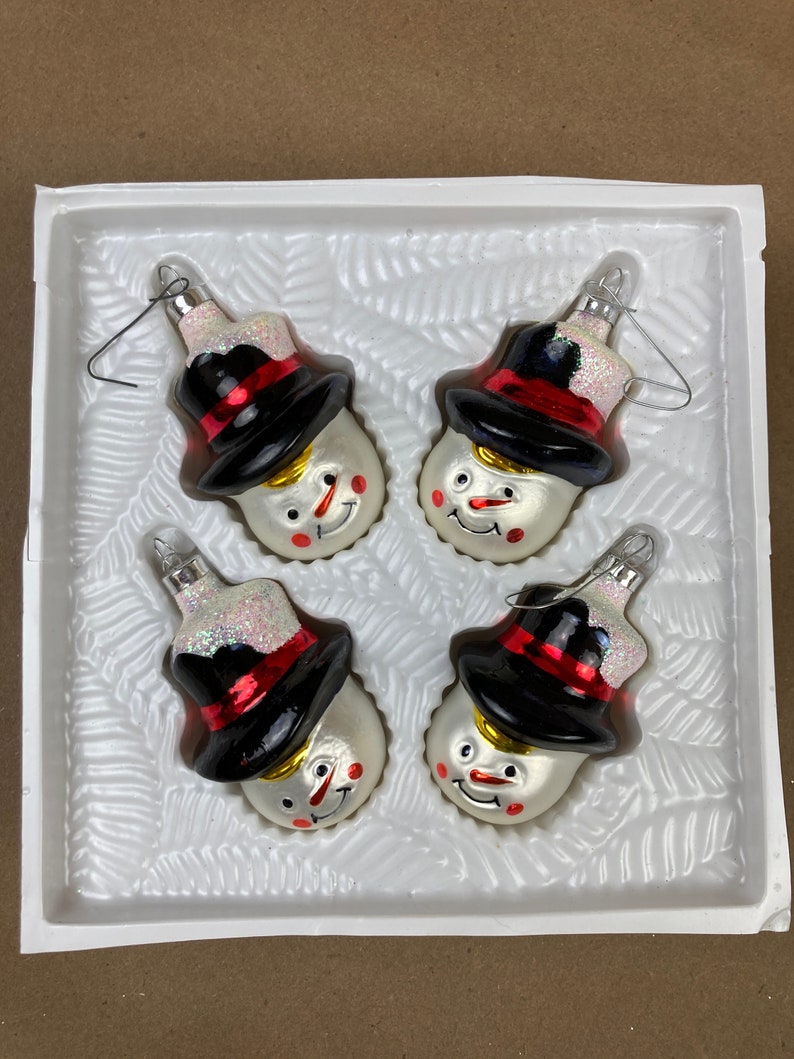 Vintage Snowman Christmas Ornaments, 90s Glass Frosty Colorful and Glitter Tree Ornaments //FREE SHIPPING /Set of Four image 2