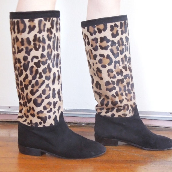 CHIC Vintage Leopard Print Boots, Tall Riding Boots, Black, Tan and Brown Suede and Pony Fur, Size 8.5 to 9, by DESIGNER Anne Klein