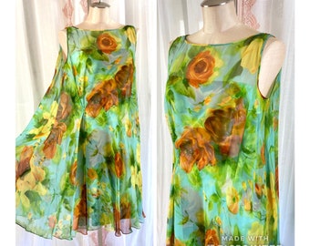 Vintage 60s Cocktail Dress with Chiffon Overlay, Green Floral Cocktail Dress, Mid Century Party Dress //FREE SHiPPING// Size Medium