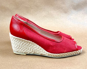 Red 80s Espadrilles, Red Mid Heel Peep Toe Espadrille Shoes, Red Wedges, Rope Sole / FREE SHIPPING /  Size 6.5 / by Evan Picone