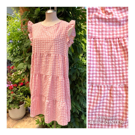 Vintage Pink and White Gingham Babydoll Dress, Ti… - image 1