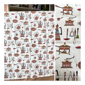 MID CENTURY Barkcloth Kitchen Fabric , Copper Kettle Teapot Novelty Print, Mid Century Kitchen //FREE SHiPPING // 50s Fabric