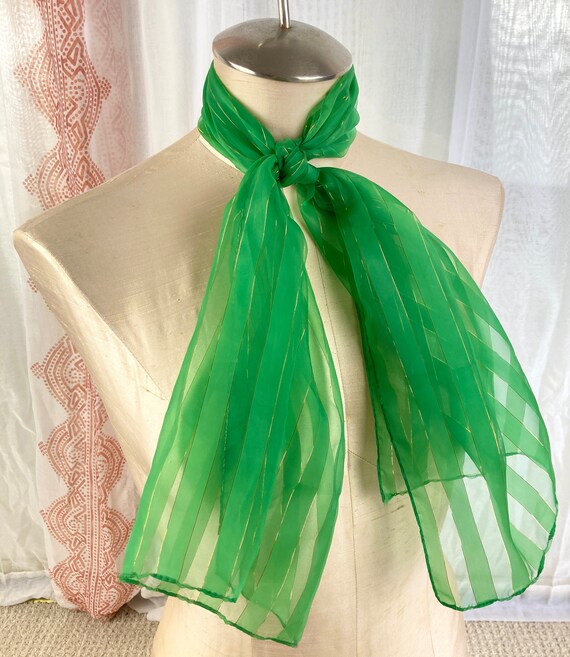Vintage Green Sheer Scarf, Green Long Sheer Scarf… - image 2