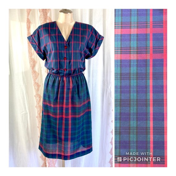 Vintage 80 Does 50s Dress, Preppy Navy and Red Pl… - image 1