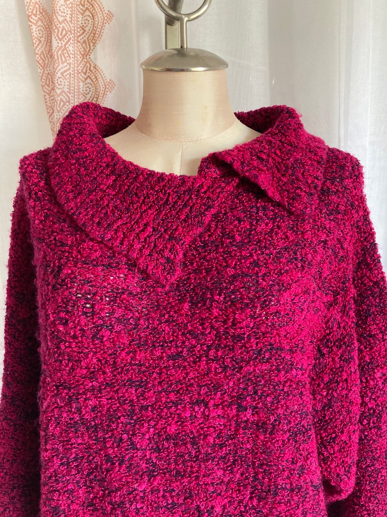 Vintage Magenta 80s Sweater, Cozy Cropped Cowl Neck Sweater //FREE SHiPPING// Dolman Sleeve, Boucle, Fuschia, Hot Pink image 2