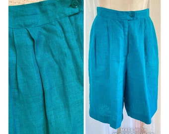 CARIBBEAN SEA Vintage 80s High Waist Shorts, Turquoise Teal Linen Walking Shorts,  Bermuda Shorts, Bright, Colorful Dopamine Dressing, Med