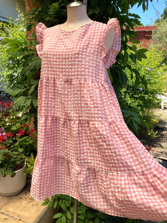 Vintage Pink and White Gingham Babydoll Dress, Ti… - image 2