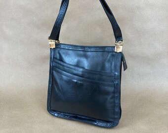 Black Leather 70s Shoulder Bag, Purse / FREE SHIPPING / Two Strap Pocketbook Preppy Chic High Quality Genuine Leather Purse, Designer Look