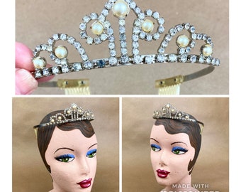 Vintage Rhinestone and Pearl Tiara, Rhinestone Tiara with Side Combs //FREE SHIPPING// Princess, Crown, Formal Hair Accessory, Bridal Tiara