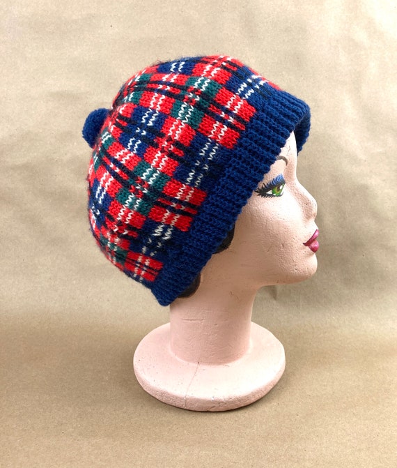 Vintage Wool Beret, Tam, 70s Pendleton Red and Bl… - image 2