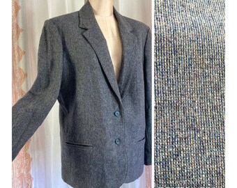 Vintage 80s Tweed Blazer, Navy Blue Gray Tweed Wool Jacket, Boxy, Cropped, Academia Aesthetic /FREE SHiPPING // Size Womens Medium