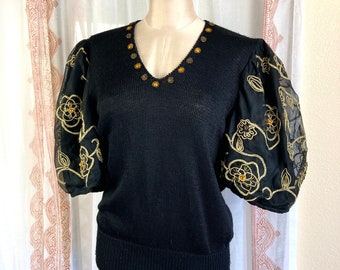 Vintage 80s Black Sweater with Puffed Sleeves, Black Knit Tops with Sheer Sleeves, Gold Embroidered, Gemstones and Beads //FREE SHiPPING//