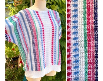 Vintage 80s Colorful Striped Sweater, Lightweight Summer Knit Sweater, Blue and White Stripe Short Sleeve Knit Top /FREE SHiPPING / Size Med