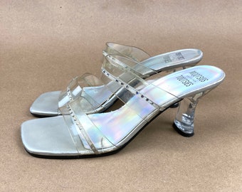 Vintage Y2K Clear Lucite Sandals, 90s Club Kid Transparent Heel Silver Metallic Slides, Rhinestones, Size 8