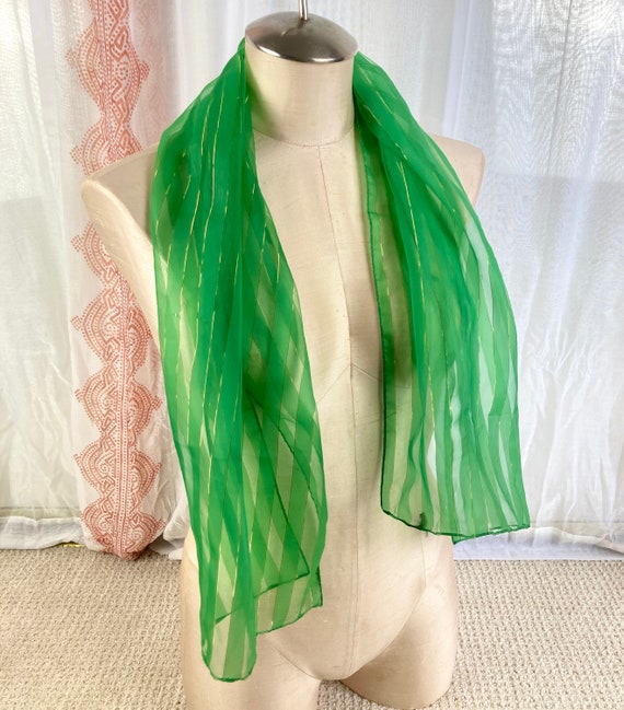 Vintage Green Sheer Scarf, Green Long Sheer Scarf… - image 5