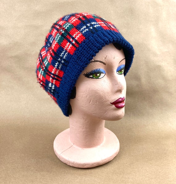 Vintage Wool Beret, Tam, 70s Pendleton Red and Bl… - image 8