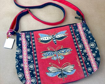 Vintage Laurel Burch Crossbody Purse, Canvas Crossbody, Red and Black With Dragonflies, Adjustable Strap // FREE SHIPPING //