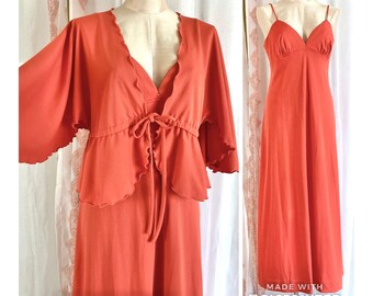 70s Maxi Dress, Soft Terra Cotta Peach Disco Maxidress, Stretch Jersey Spaghetti Strap Dress, Matching Flutter Sleeve Jacket, Medium