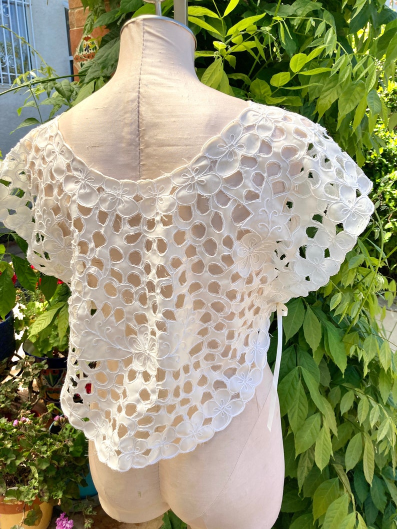 Vintage White Lace Top, White Cotton Cut Out Lace with Satin Ribbons, Lolita, Coquette, Romantic, Cottagecore, Boho /FREE SHiPPING/ One Size image 10