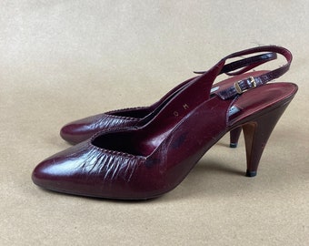 Burgundy 80s Slingback High Heels, / FREE SHIPPING / Evan Picone, Made in Spain, Size 9.5, Plum, Dark Red Pumps, High Heel Shoes