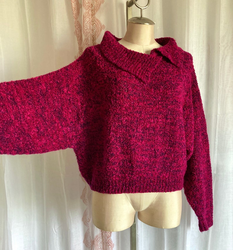 Vintage Magenta 80s Sweater, Cozy Cropped Cowl Neck Sweater //FREE SHiPPING// Dolman Sleeve, Boucle, Fuschia, Hot Pink image 10