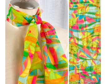 Vintage 70s Mod Scarf, Neon Pink Long Sheer Scarf, Mod 60s Vibe, Bright Colorful Sheer Scarf, Hair Tie / Hippie, Festival, Dopamine Dressing