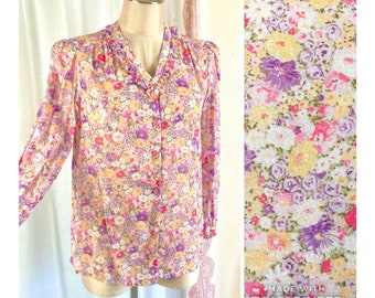 Vintage 80s Pink Floral Shirt, Sheer Pink Button Up Top with Ruffled Neck, Twee, Cottagecore, Victorian //FREE SHiPPING//  Size Sm/Med