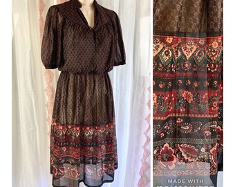 Vintage 80 Midi Dress, Black Sheer Paisley Peasant Dress with Full Sleeves, Elastic Waist, 80s Secretary Dress / FREE SHIPPING / Medium