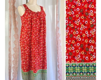 Vintage Red Ditsy Floral Sundress, Red and Green Calico Print, Lightweight Sleeveless Cotton Sundress // FREE SHiPPING// Size XS SMALL