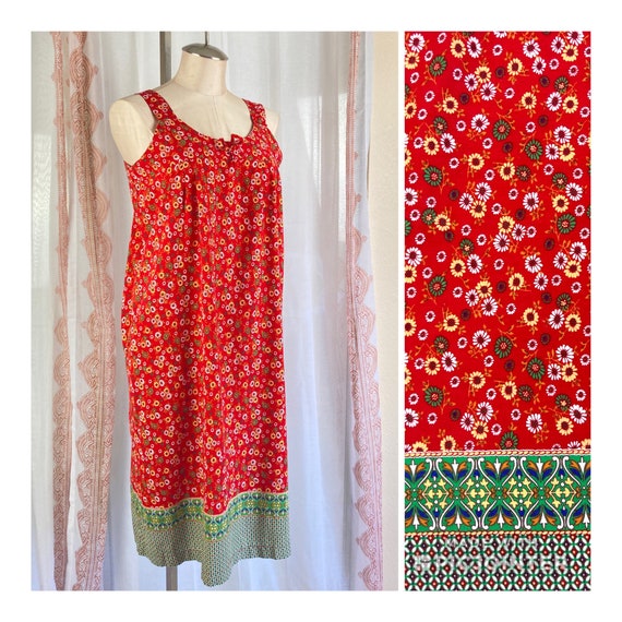 Vintage Red Ditsy Floral Sundress, Red and Green … - image 1