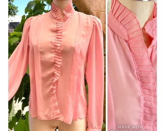 Vintage 80s Ruffled Bubblegum PINK Shirt,  Button Up Top with High Neck, Sheer Pink Blouse, Lolita, Victorian //FREE SHiPPING//  Extra Small