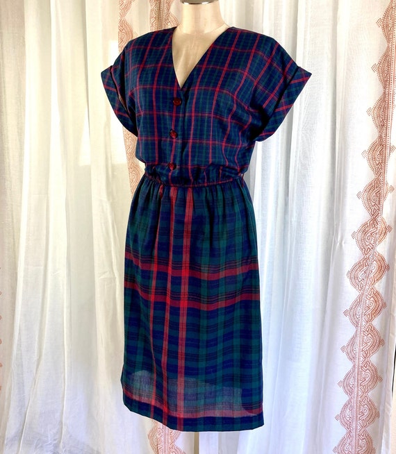 Vintage 80 Does 50s Dress, Preppy Navy and Red Pl… - image 7
