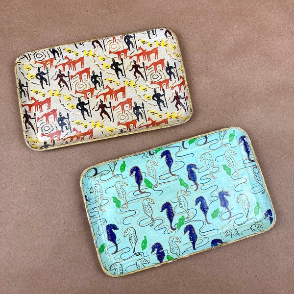 Vintage 60s Serving Tray, Set of Two MidCentury Decorative Trays, Seahorse, Cave Drawings //FREE SHIPPING// Trinket Dish, Small Tray