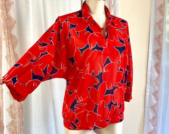 Vintage 70s Red and Navy Shirt, Red White and Blue Sheer 70s 80s Blouse, Lightweight Short Sleeve Blouse, Polo Neck//FREE SHiPPING// Medium