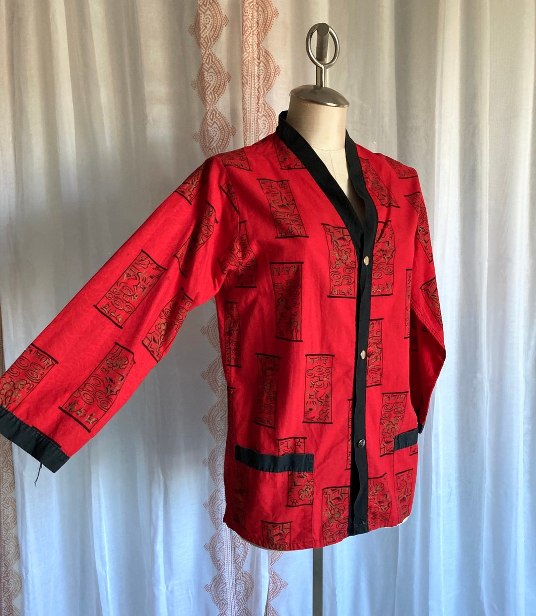 RARE Vintage 50s 60s Asian Print Jacket, Tiki Chinese Japanese Block