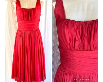 Vintage 60s Red Chiffon Cocktail Dress, Midcentury Oarty Dress, Fit and Flair with Full Skirt, by Jay Herbert // FREE SHiPPING// XS Small