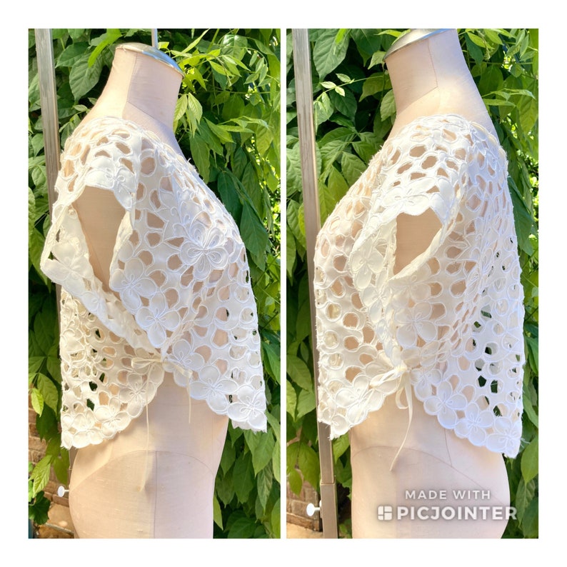 Vintage White Lace Top, White Cotton Cut Out Lace with Satin Ribbons, Lolita, Coquette, Romantic, Cottagecore, Boho /FREE SHiPPING/ One Size image 2