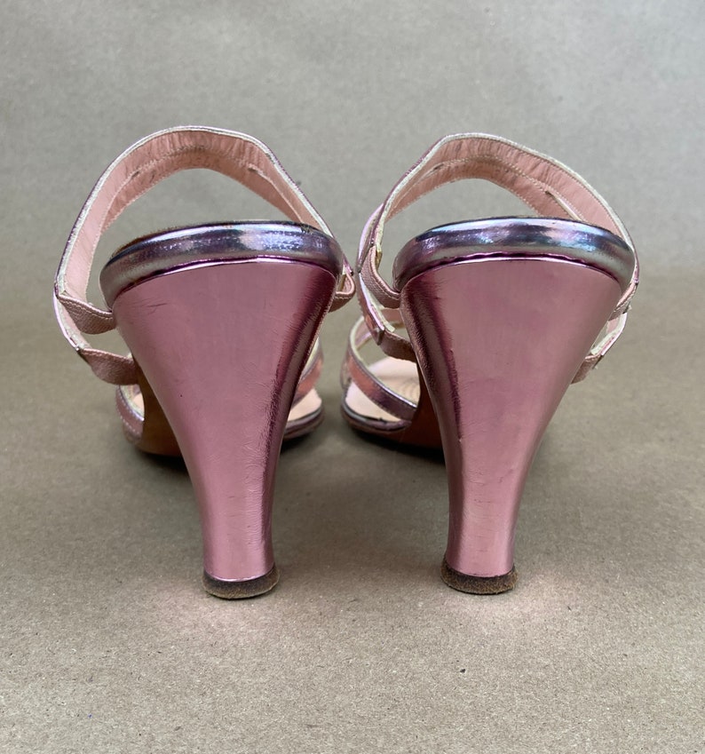 Vintage 50's Pink Metallic High Heels, PinUp GLAM Strappy Slides / FREE SHiPPING / 8 to 9 NARROW / Sexy Pink 50's Rockabilly High Heel Shoes image 8