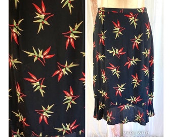 Vintage 90s Black Midi Skirt, 90s Does 40s Black Hawaiian Floral Skirt, Dark Tiki Tropical Flower Print, // FREE SHIPPiNG // Medium Large