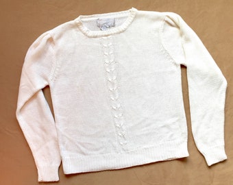 BRIGHT White Pullover Sweater / Soft Knit / Vegan Sweater / Small / Puffed Shoulders / Cropped / FREE SHIPPING