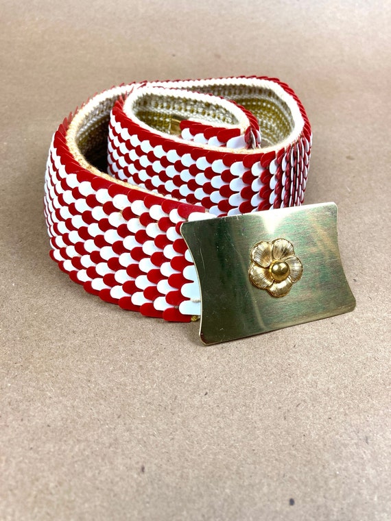 Vintage 80s Red and White Stretch Belt, Metal Snak
