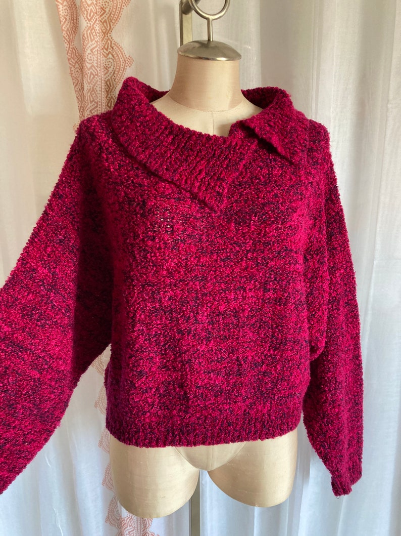 Vintage Magenta 80s Sweater, Cozy Cropped Cowl Neck Sweater //FREE SHiPPING// Dolman Sleeve, Boucle, Fuschia, Hot Pink image 4