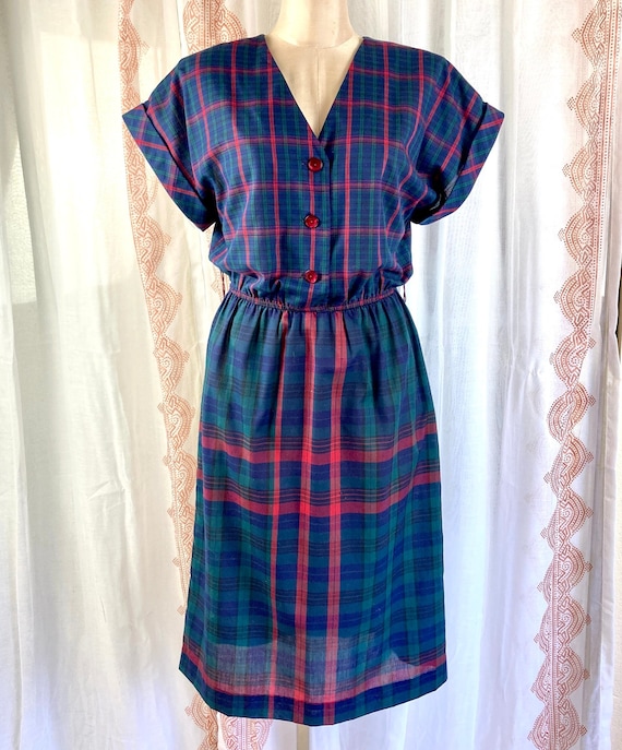 Vintage 80 Does 50s Dress, Preppy Navy and Red Pl… - image 5