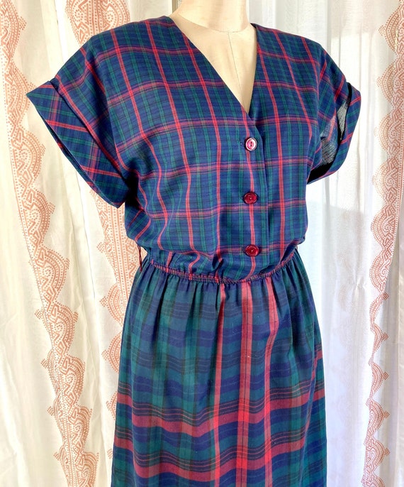 Vintage 80 Does 50s Dress, Preppy Navy and Red Pl… - image 4